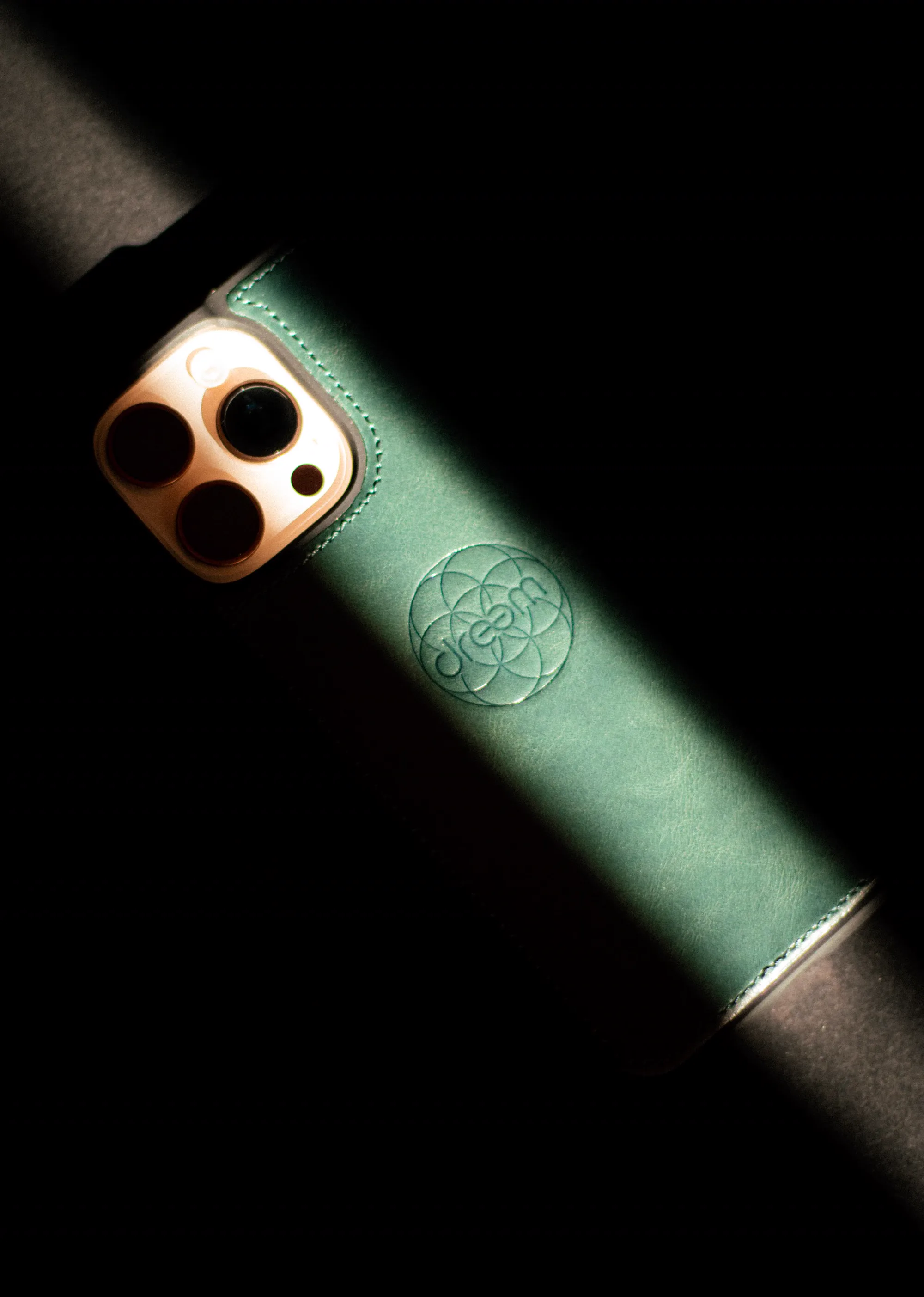 Close-up of a green leather phone case under dramatic light